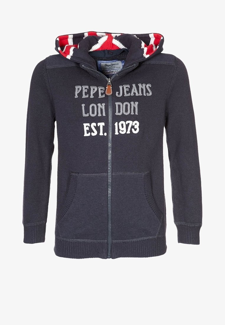 Navy zip-up hoodie with a knitted texture. Features a contrasting red and white patterned hood lining and front pockets. "Pepe Jeans London EST. 1973" logo.