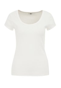 Weißes kurzärmliges T-Shirt mit Rundhalsausschnitt, aus glattem Baumwollstoff gefertigt, mit figurnaher Passform und minimalistischem Design.