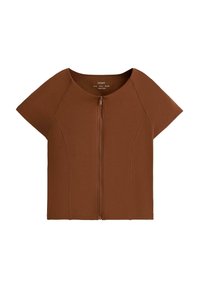 Brun kortærmet top med lynlås og rund halsudskæring med synlige sømdetaljer, fladt lagt på hvid baggrund.