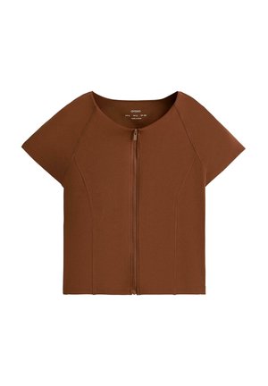 Haut marron à manches courtes avec fermeture éclair, col rond et détails de coutures visibles, posé à plat sur fond blanc.