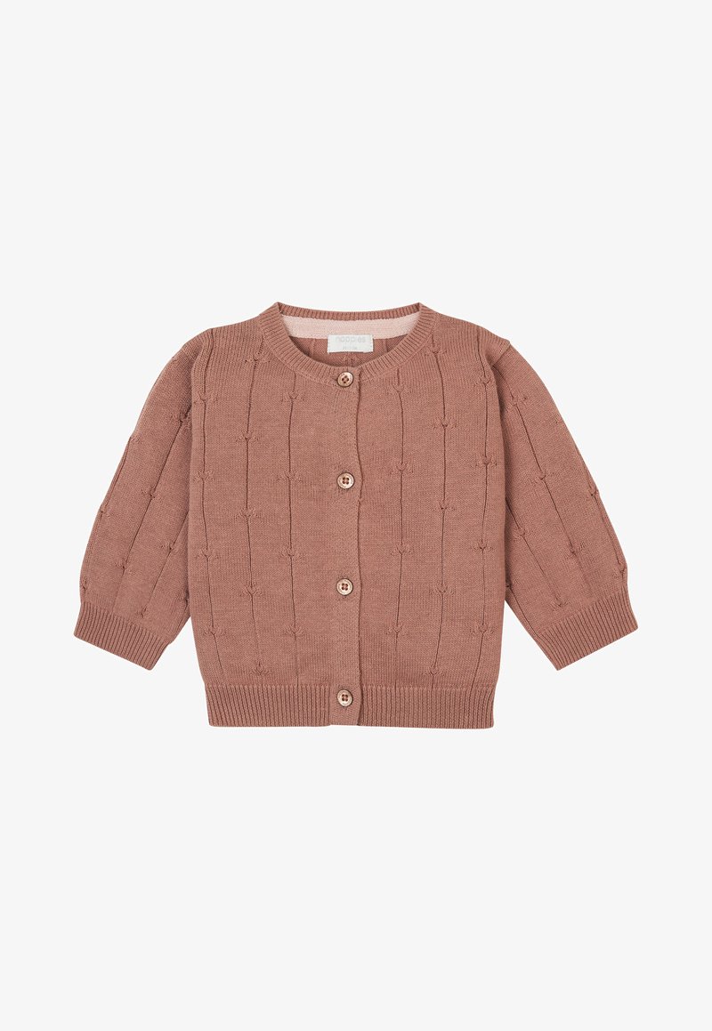 Stickad, dammig rosafärgad kofta med rund hals, långa ärmar och knäppning. Har strukturmönster och ribbade ärmslut och nederkant.