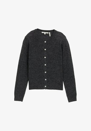 Tamsiai pilkas mezgimo kardiganas su ilgomis rankovėmis, apvaliu iškirpimu ir šešiais baltais mygtukais priekyje. Švelni tekstūra ir prigludęs dizainas.