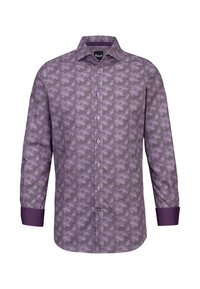 Camicia a maniche lunghe viola con un motivo texturizzato, dotata di colletto e chiusura con bottoni, e polsini solidi viola. Il tessuto appare morbido.