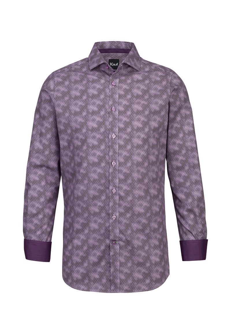 Camicia a maniche lunghe viola con un motivo texturizzato, dotata di colletto e chiusura con bottoni, e polsini solidi viola. Il tessuto appare morbido.