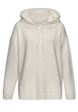 Hellbeige Kapuzenpulli aus weichem, strukturiertem Material. Verfügt über eine große Fronttasche, Kordeln an der Kapuze sowie gerippte Bündchen und Saum.