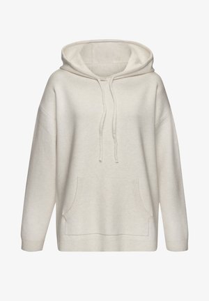Hellbeige Kapuzenpulli aus weichem, strukturiertem Material. Verfügt über eine große Fronttasche, Kordeln an der Kapuze sowie gerippte Bündchen und Saum.