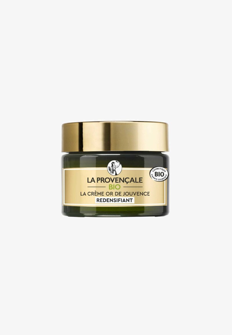 Pot en verre vert avec un couvercle doré. L'étiquette présente un texte en vert et noir sur un fond crème, indiquant "LA PROVENÇALE BIO".