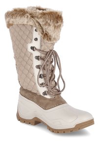 Beige wasserdichte Stiefel mit gestepptem Stoff, Kunstfellkragen und rutschfester Gummisohle. Verfügt über ein Schnürdesign und Akzentnähte.