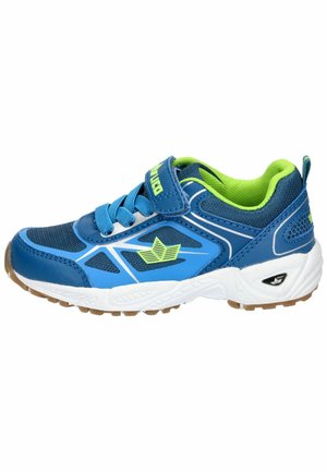 Blue and green athletic shoe with mesh and synthetic upper, rubber sole, lace closure, and Velcro strap. Features a textured design.