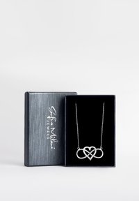 Collana d'argento con simboli intrecciati di cuore e infinito, su uno sfondo di velluto nero, esposta in una scatola d'argento.