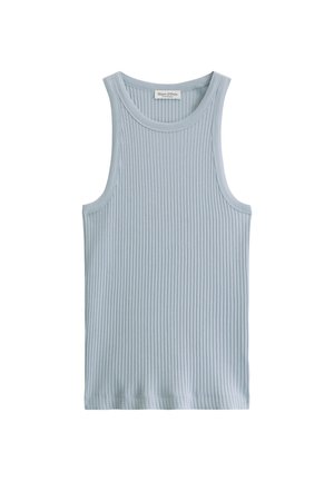 Hellblaues, geripptes, ärmelloses Tanktop mit rundem Ausschnitt, flach auf weißem Hintergrund ausgelegt.