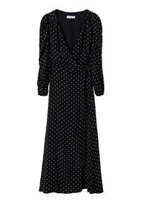 Robe portefeuille noire avec manches longues bouffantes, ornée de petits pois blancs, décolleté en V et taille ajustable grâce à une ceinture nouée. Tissu lisse.