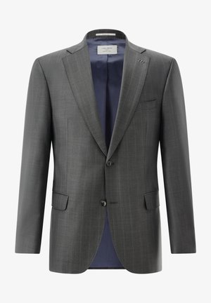 Grauer, maßgeschneiderter Herrenblazer mit Kerbkragen, zwei Knöpfen, Pattentaschen und dunkelblauer Innenfutter, mit dem Label Carl Gross Black Line.