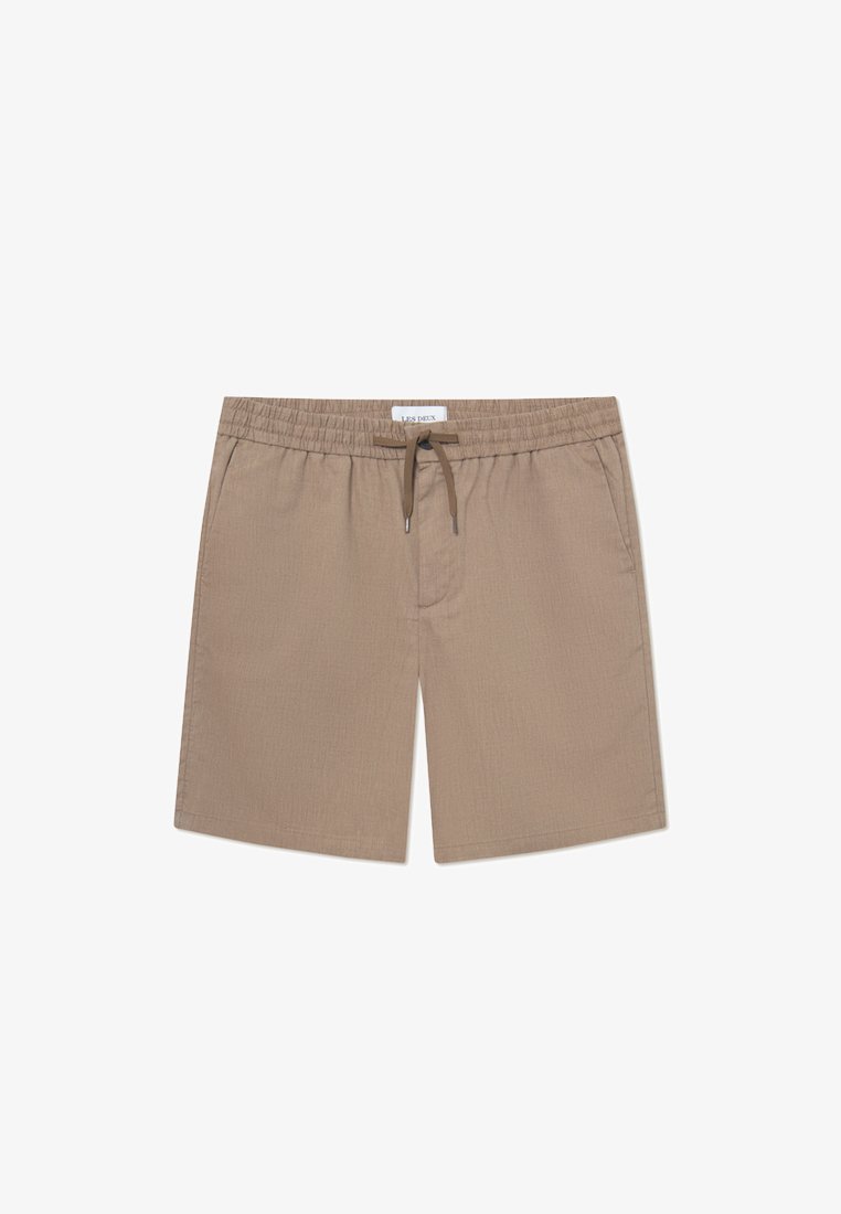 Pantaloni scurți de înot bej, confecționați dintr-un material ușor, având talie elastică cu șnur, buzunare laterale și o textură netedă.