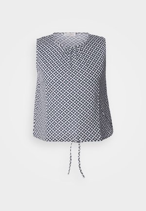 Bezrukávový top v námorníckej a bielej farbe s geometrickým hviezdnym vzorom, okrúhlym výstrihom a viazaním na leme. Mäkko, ľahký materiál.