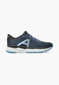 Laufschuhe aus navyfarbenem Netzmaterial mit einer schwarzen Gummisohle und hellblauen Akzenten. Verfügt über ein strukturiertes Obermaterial und ein kontrastierendes Logodesign.