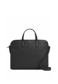 Borsa a tracolla in pelle nera con due manici superiori, una tracolla removibile e chiusura a zip. Presenta una superficie texture e hardware minimal.