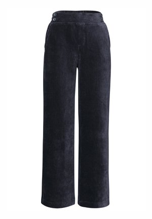 Dunkelblaue Corduroy-Hosen mit weitem Bein, vertikal geripptem Textur und zwei Knopfakzenten am Bund.
