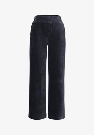 Pantalones de pana de pernera ancha en azul marino oscuro con textura acanalada vertical y dos botones en la cinturilla.