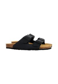 Sorte slip-on sandaler med to justerbare stropper, kork sål og en tekstureret gummiyderside for godt greb. Enkel og funktionel design.