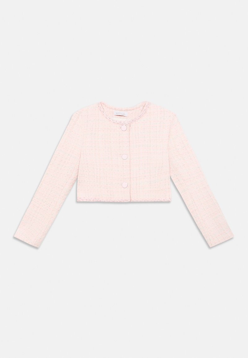 Ροζ cropped σακάκι από υφή υφασμάτων, με στρογγυλή λαιμόκοψη, μακριά μανίκια και τρία κουμπιά μπροστά για κλείσιμο.