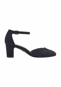 Chaussure noire en daim à bout fermé, talon bas large, fine bride à la cheville et boucle latérale sur fond blanc.
