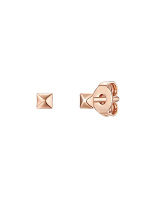Ohrringe aus Roségold mit einem pyramidenförmigen Design, wobei ein Ohrring eine flache Oberfläche und der andere eine abgerundete Rückseite zeigt.