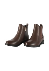 Stivaletti in pelle marrone con pannelli elastici laterali e una cerniera. Tacco basso e finitura liscia. Progettati per un facile utilizzo e comfort.