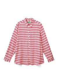 Chemise à manches longues ornée d'un motif géométrique rouge et blanc, avec un col boutonné, une coupe décontractée et un ourlet arrondi.