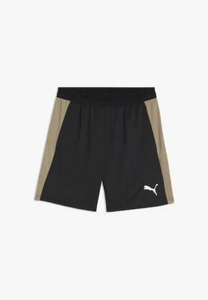 Short de sport noir avec panneaux latéraux beiges et taille élastique, avec un logo Puma blanc sur la partie inférieure de la jambe droite.
