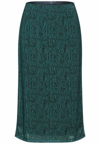 Gonna midi verde con motivo geometrico in nero e teal, caratterizzata da una texture liscia e un taglio dritto. Vita elastica.