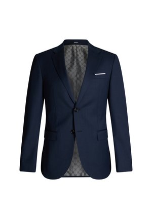 Giacca blazer blu navy con due tasche frontali, fazzoletto bianco singolo e bottoni neri; presenta una fodera grigia a fantasia.