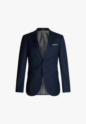 Navy blazer jacket with two front pockets, single white pocket square, and black buttons; features a patterned gray lining.