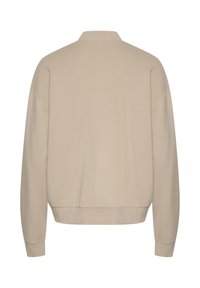 Beige pullover sweatshirt with a collar, long sleeves, ribbed hem, and soft textured fabric, featuring a simple, solid design.
