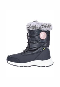 Sort isolerede vinterstøvler med faux fur trim, syntetisk materiale, justerbare snørebånd og en hvid sål med tekstureret grebmønster.