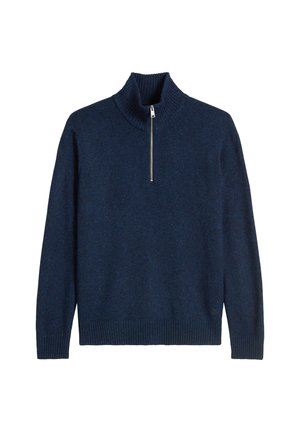 Pull bleu marine à col haut, avec une fermeture à glissière sur le devant et des poignets et ourlets côtelés. Fabriqué en tissu texturé.