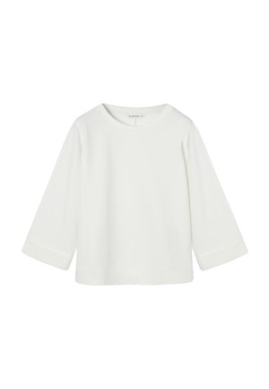 Witte, lange mouwen, ronde hals shirt met een losse pasvorm en licht uitlopende mouwen, weergegeven op een witte achtergrond.