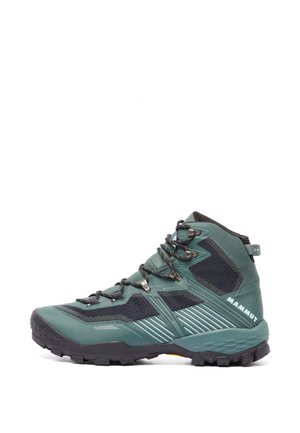 Hiking boot made of dark green synthetic material, featuring black mesh accents, rubber sole, and secured lacing system.