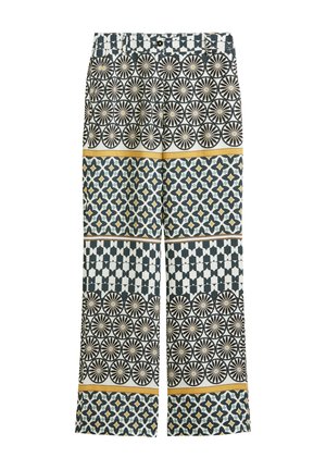 Wide-leg pants featuring a mix of geometric patterns in navy, white, and yellow. The fabric has a smooth texture and a high-waisted design.