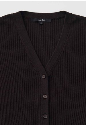 Dunkelbraune gerippte Strickjacke mit V-Ausschnitt und vier Knöpfen, Größe 36, Markenetikett "someday." am Kragen sichtbar.