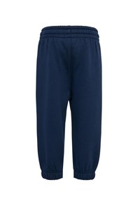 Mörkblå sweatpants med en mjuk textur, elastisk midja och samlade manschetter vid anklarna. Enkelt mönster utan synliga mönster.