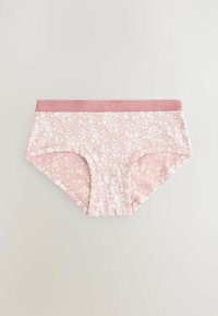 Sous-vêtements féminins à motif floral rose, faits d'un tissu doux et extensible, avec une taille unie rose. Conception taille mi-haute avec des ouvertures pour les jambes.