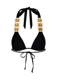 Top bikini nero con design triangolare, spalline regolabili e dettagli in gemme dorate sulle spalline. Il materiale è liscio ed elastico.