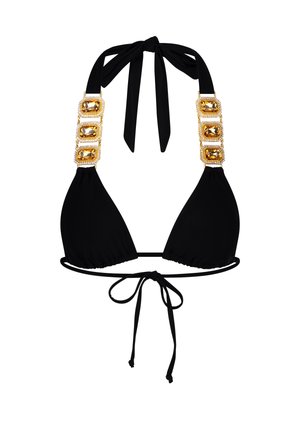 Schwarzer Bikini-Oberteil mit dreieckigem Design, verstellbaren Trägern und goldenen Edelsteinakzenten an den Schulterträgern. Das Material ist glatt und elastisch.