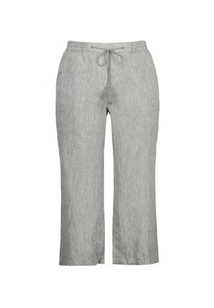 Lys grå linnedragt med en afslappet pasform, elastisk talje og snor. Har en subtil tekstur og lige ben-design.