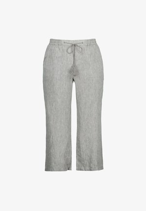 Light gray linen trousers with a relaxed fit, elastic waistband, and drawstring. Features a subtle texture and straight leg design.
