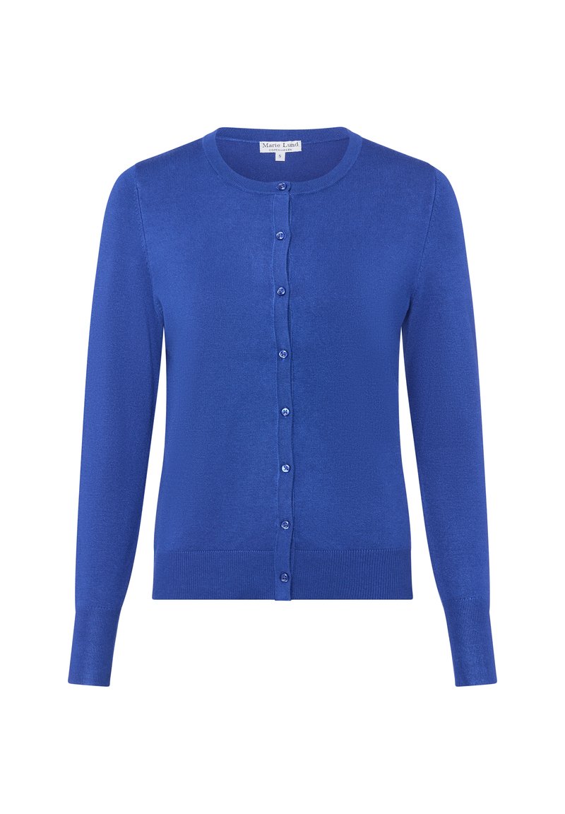 Niebieski dziergany kardigan z długimi rękawami, okrągłym dekoltem i zapięciem na guziki. Gładka tekstura, ściągacze u dołu i na mankietach.