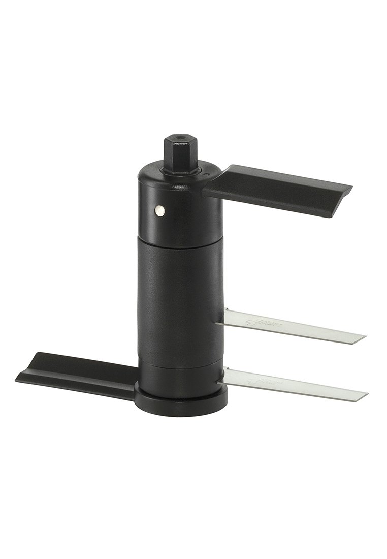 Schwarzes Handwerkzeug mit zylindrischem Körper, zwei Metallklingen, die von den Seiten herausragen, und einem Griff zur Bedienung. Kompaktes Design, langlebige Materialien.