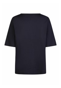 Navy blue short-sleeve t-shirt, made of soft cotton, features a round neckline and a relaxed fit with a smooth texture. No patterns or accents.