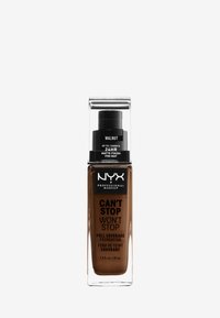NYX Can't Stop Won't Stop foundation i valnötston, förpackad i en klar rektangulär flaska med en svart pump och etikett med matt finish.